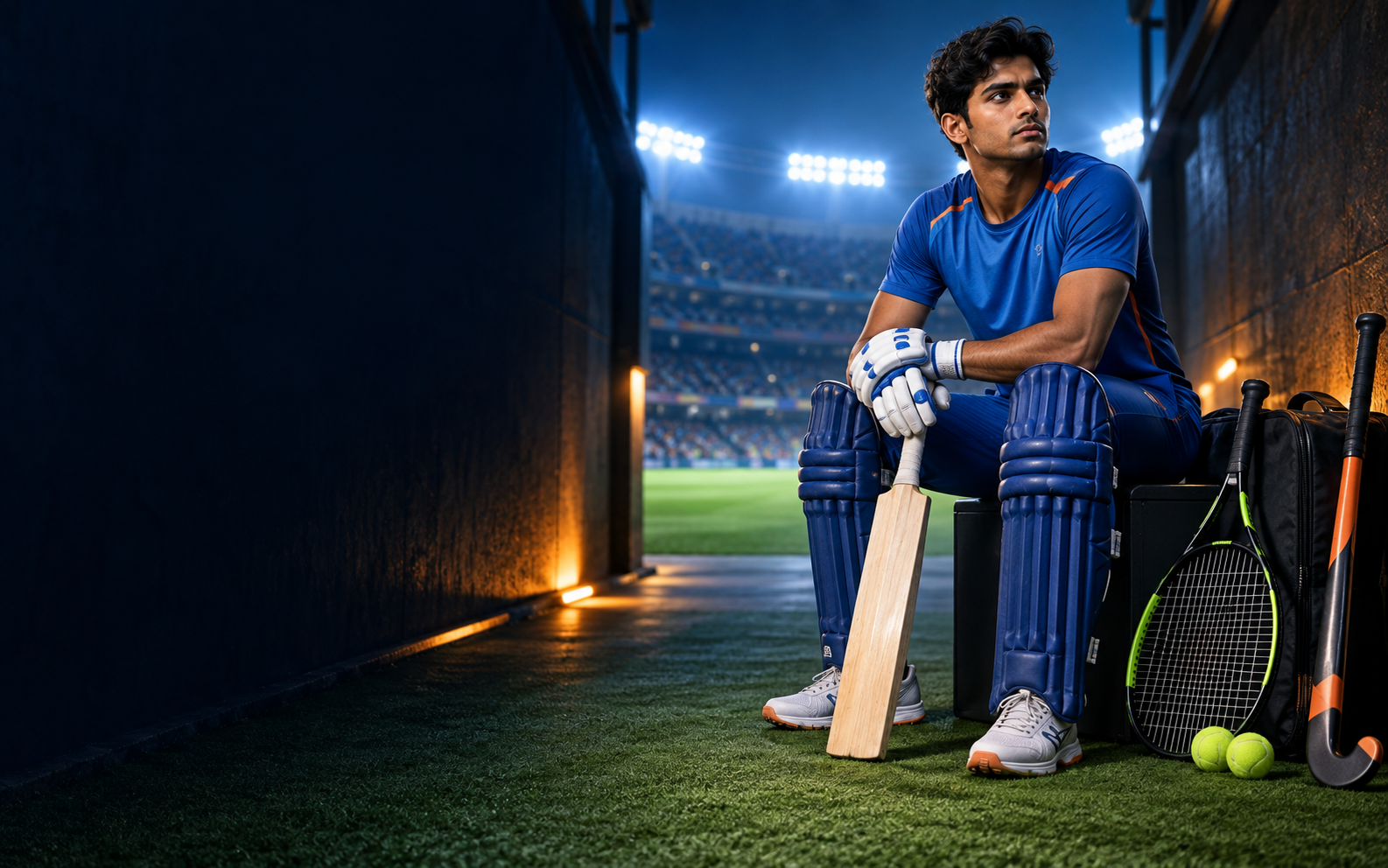 Cricketer with cricket, tennis and hockey equipment in a stadium tunnel